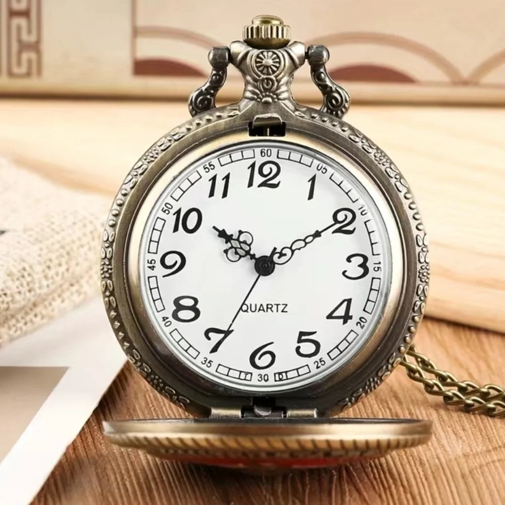 Pocket Watch Bronze Plant Leaf Long Chain Quartz Analog Retro with Gift Pouch